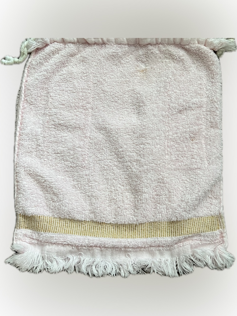 💥Handmade Vintage Light Pink Tea Towel Fringe Drawstring Bag Pouch Purse Luggage